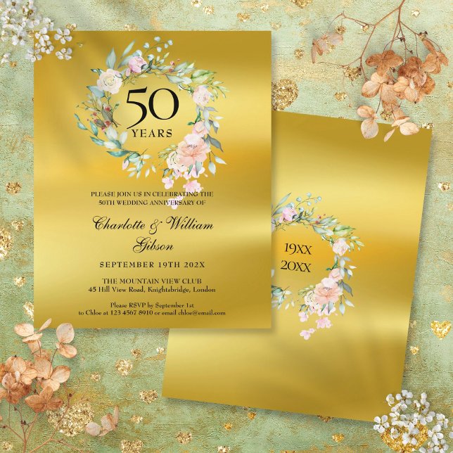 Budgetens Blommigt Guld 50-årsinbjudan (Budget Floral Gold 50th Anniversary Invitation)