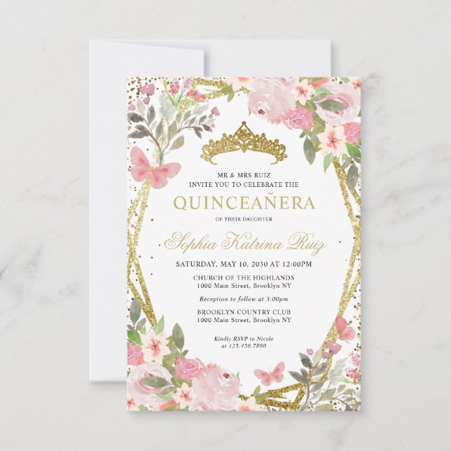 Budgetens Blommigt  Guld Tiara Quinceañera Inbjuda Anteckningskort (Framsida)
