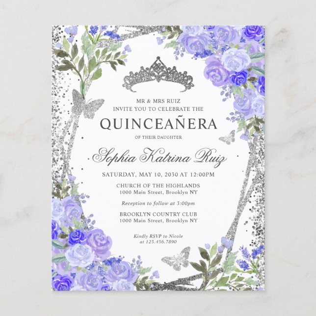 Budgetens Blommigt Lila Silver Quinceañera Inbjuda (Framsida)