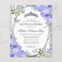 Budgetens Blommigt Lila Silver Quinceañera Inbjuda