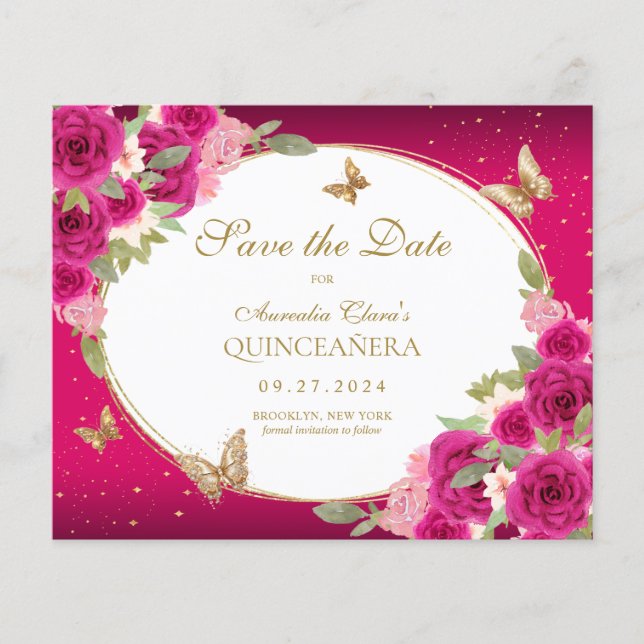 BUDGETENS Blommigt Rosa Guld Butterfly Quinceanera (Framsida)