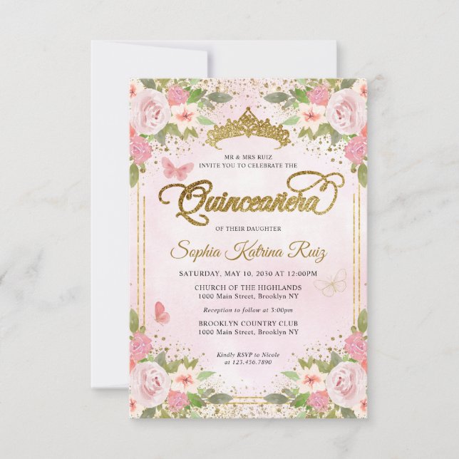 Budgetens Blommigt  Rosa Guld Glitter Quinceañera Anteckningskort (Framsida)