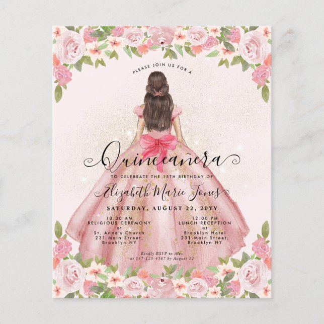 Budgetens Blommigt  Rosa Guld Princess Quinceanera (Framsida)