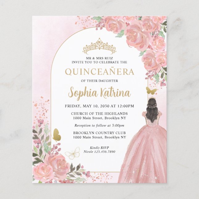 Budgetens Blommigt  Rosa Guld Princess Quinceanera (Framsida)