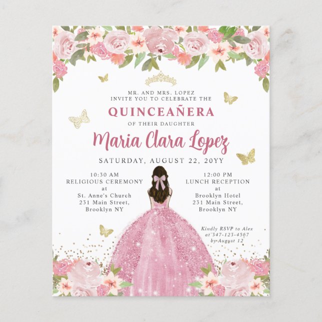 Budgetens Blommigt  Rosa Guld Princess Quinceanera (Framsida)