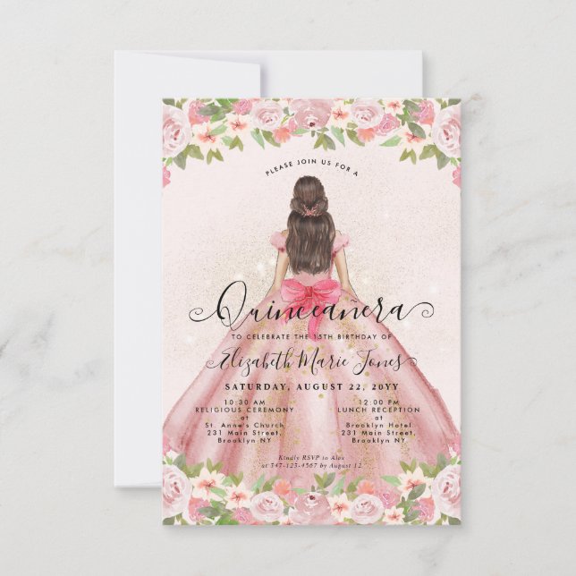 Budgetens Blommigt  Rosa Guld Princess Quinceanera Anteckningskort (Framsida)