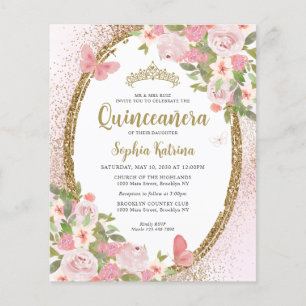 Budgetens Blommigt Rosa Guld Tiara Quinceañera Flygblad
