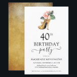 Budgetens Chic Blommigt Guld Högklackar 40:e födel<br><div class="desc">Modern tropisk Blommigt i Elegant, Guld, 40:e födelsedagspartiets inbjudan, som innehåller vår glamorösa glutesiga vattenfärg guld i höghälen omgiven av tropiska blommor från rosa och grönt. Bakgrunden är en lyxig vattenfärgstvätta i guld. Enkel att anpassa med din information för en enkel inbjudan från elegant födelsedagsfest. Kontakta oss på cedarandstring@gmail.com om...</div>