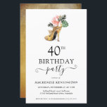 Budgetens Chic Blommigt Guld Högklackar 40:e födel<br><div class="desc">Modern tropisk Blommigt i Elegant, Guld, 40:e födelsedagspartiets inbjudan, som innehåller vår glamorösa glutesiga vattenfärg guld i höghälen omgiven av tropiska blommor från rosa och grönt. Bakgrunden är en lyxig vattenfärgstvätta i guld. Enkel att anpassa med din information för en enkel inbjudan från elegant födelsedagsfest. Kontakta oss på cedarandstring@gmail.com om...</div>