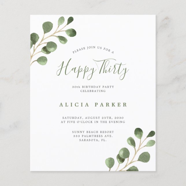 Budgetens elegant 30 år födelsedagsfest inbjudan (Framsida)
