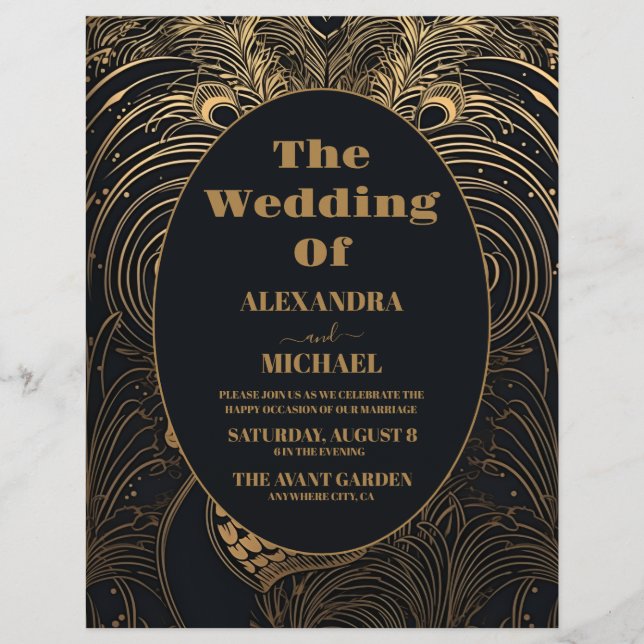 Budgetens Elegant Art Deco Peacocks Bröllop Reklamblad (Framsidan)