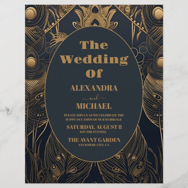 Budgetens Elegant Art Deco Peacocks Bröllop Reklamblad (Framsidan)