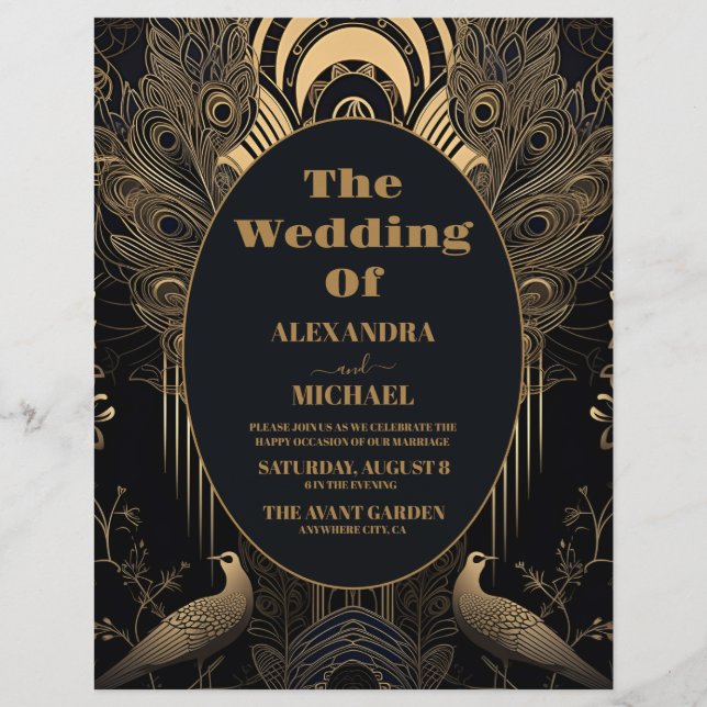 Budgetens Elegant Art Deco Peacocks Bröllop Reklamblad (Framsidan)