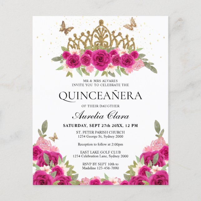 BUDGETENS Elegant Rosa Blommigt Guld Tiara Quincea (Framsida)