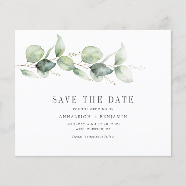 Budgetens eukalyptus Greenery Photo Save Date (Framsida)