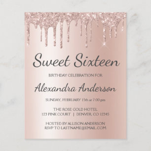 Budgetens födelsedag Ro Guld Glitter Sweet sixteen Flygblad