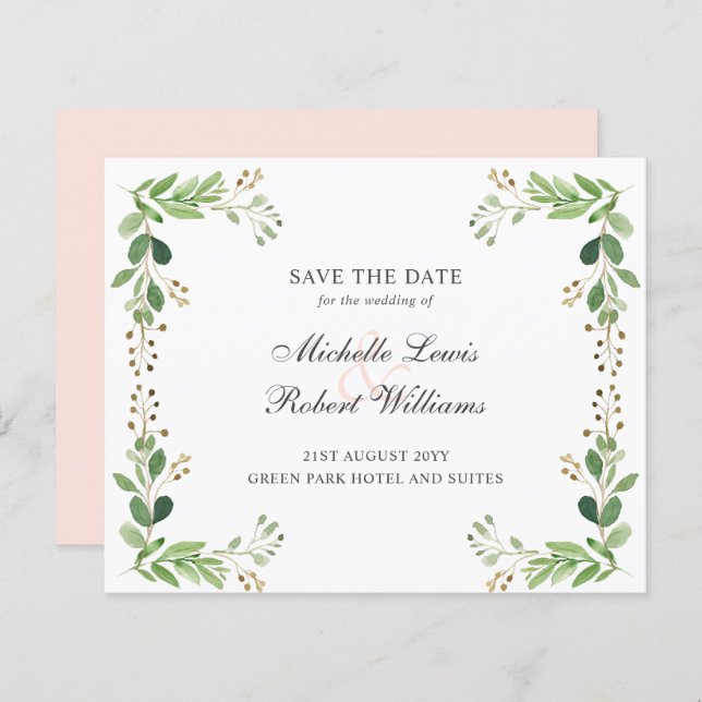 BUDGETENS Grönt löv, sommaren bröllop spara datum (Fram/baksida)