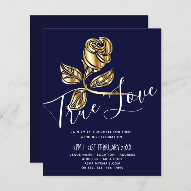 BUDGETENS inbjudan till Äkta kärlek bröllopsinbjud (Fram/baksida)