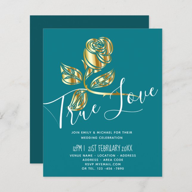 BUDGETENS inbjudan till Äkta kärlek bröllopsinbjud (Fram/baksida)