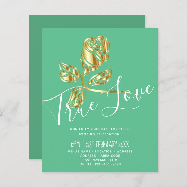 BUDGETENS inbjudan till Äkta kärlek bröllopsinbjud (Fram/baksida)