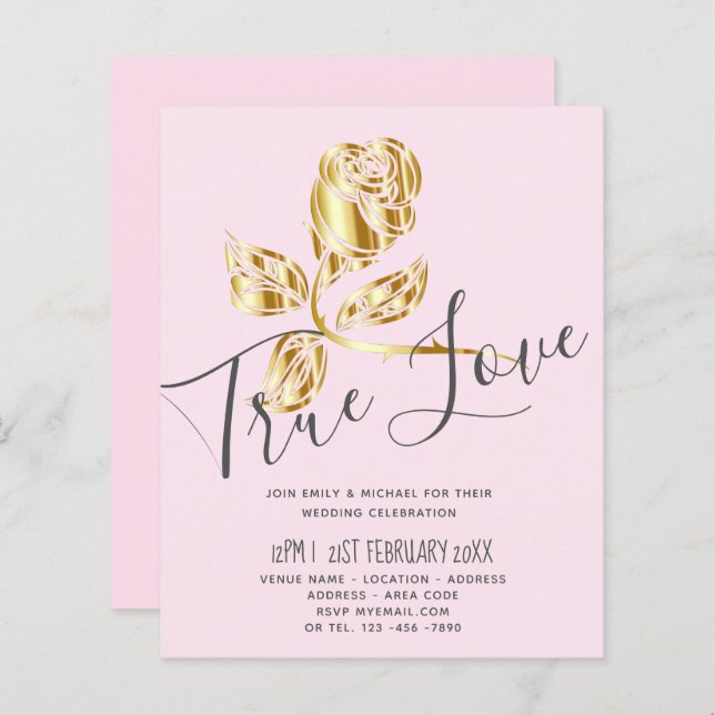 BUDGETENS inbjudan till Äkta kärlek bröllopsinbjud (Fram/baksida)