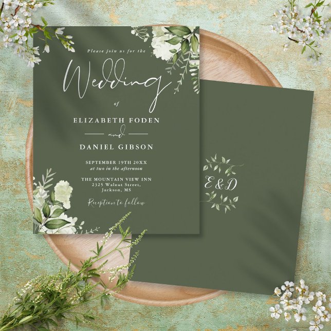 Budgetens Oliv grönt inbjudan till Grey-bröllop (Budget Greenery Olive Green Wedding Invitation)