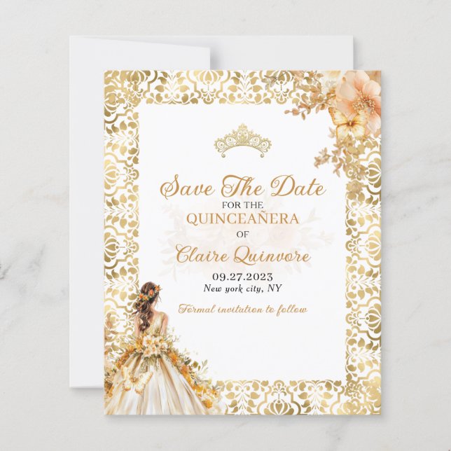 BUDGETENS radikala Guld Quinceanera Spara datum (Framsida)