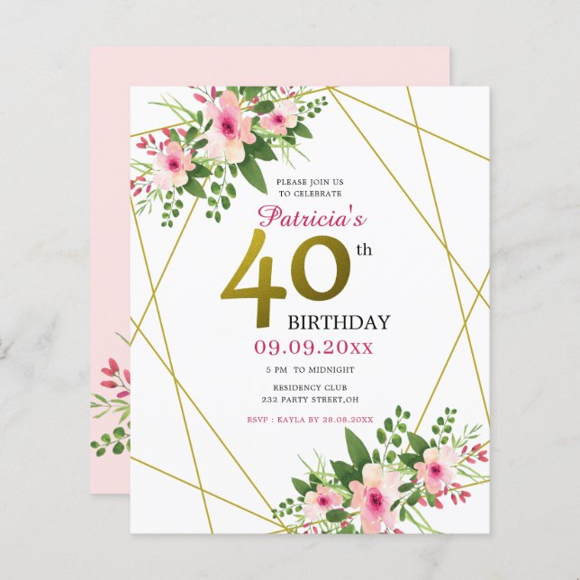 Budgetens Rosa Blommigt Guld Glitter 40:e födelsed (Fram/baksida)