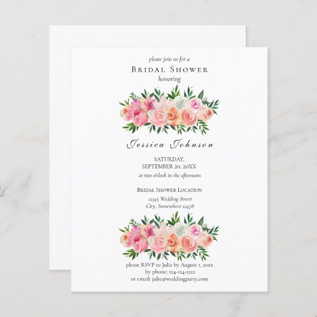 Budgetens Rosa och vit Blommigt Möhippa Inbjudan (Fram/baksida)