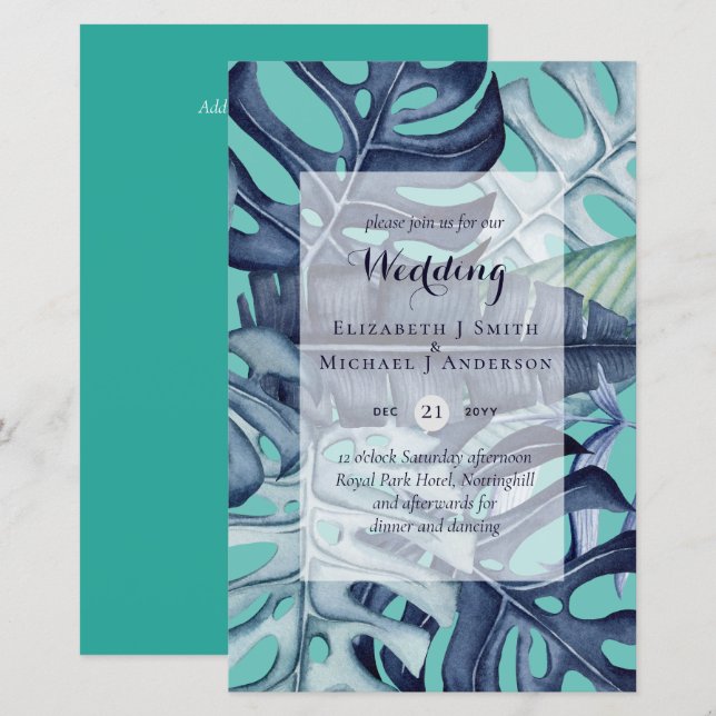 BUDGETENS Tropiska Löv Destination Wedding Inbjuda (Fram/baksida)