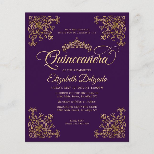 Budgetens Vintage Lila Guld Ram Quinceanera (Framsida)