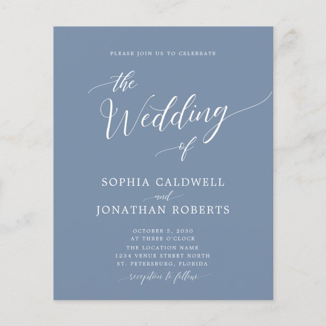 Budgetera alla i en Dusty Blue Wedding-inbjudan (Framsida)