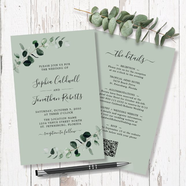 Budgetera alla i ett enda Eucalyptus Sage Bröllop  Flygblad (Budget All in One Eucalyptus Sage Wedding Flyer 5.5 x 8.5 Paper Invitation)