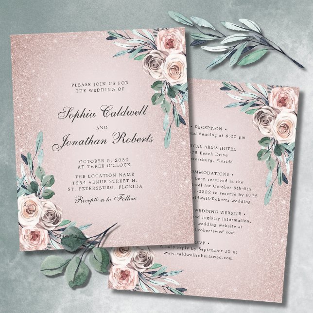 Budgetera allt i en inbjudan till Boho Rosa ros br (Budget Double Sided Wedding Invitation Boho Blush 
 Pink Roses Glitter Ombre)