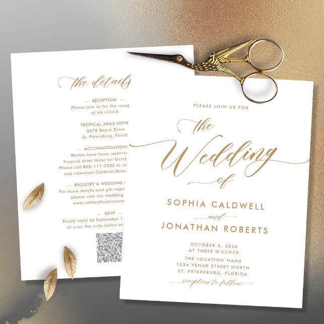 Budgetera allt i en inbjudan till Calligraphy Wedd (Budget All in One Gold Calligraphy Wedding Invite-Original)
