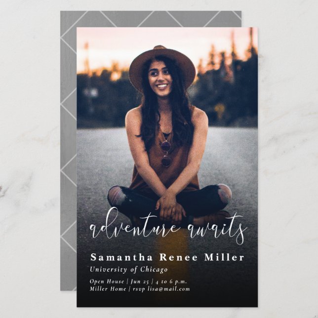 Budgetera Äventyr väntar på foto Studenten Inbjuda (Fram/baksida)