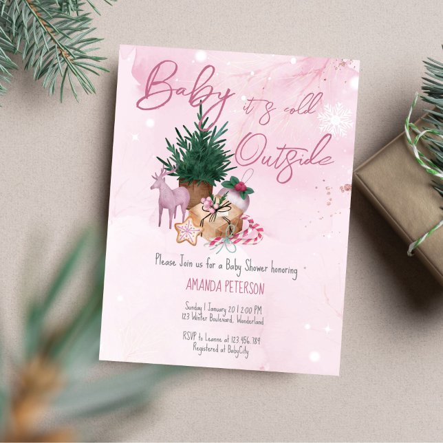 Budgetera Baby Det är Kallet Utsidan av babyduschi (Budget Baby It's Cold Outside baby shower invitation pink winter baby shower invitation)