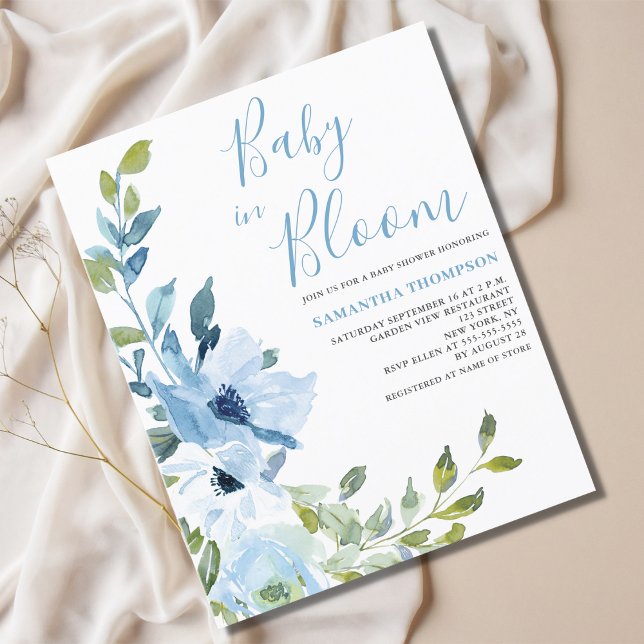 Budgetera Baby i Blått Blommigt Shower-inbjudan (Skapare uppladdad)