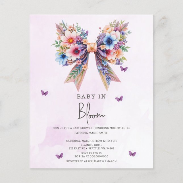 Budgetera Baby i Bloom Bow Girl Baby Shower Inbjud (Framsida)