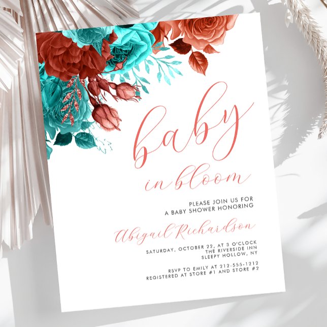 Budgetera Baby i Bloom Coral Teal Blommigt Baby Sh (Skapare uppladdad)