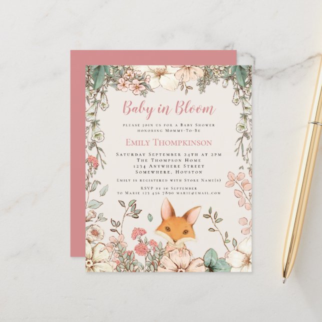 Budgetera Baby i Bloom Fox Girl Baby Shower Inbjud (Fram/Back In Situ)