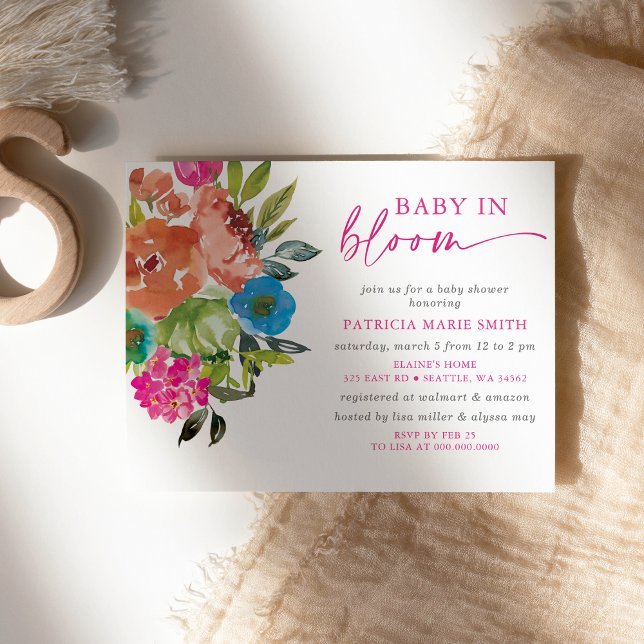 Budgetera Baby i Bloom Rosa Blommigt Girl Baby Sho (Bright Baby in Bloom Pink Floral Girl Baby Shower Invitation)
