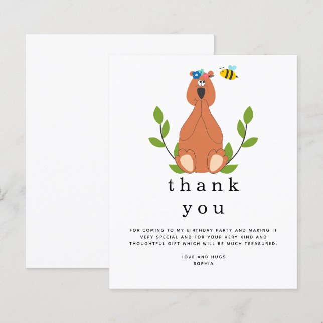 Budgetera Bear Bee Barns födelsedag Tack. (Fram/baksida)