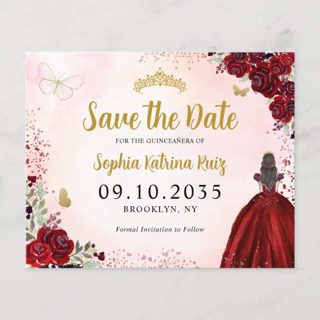Budgetera Blommigten Red Guld Quinceanera Spara da (Framsida)