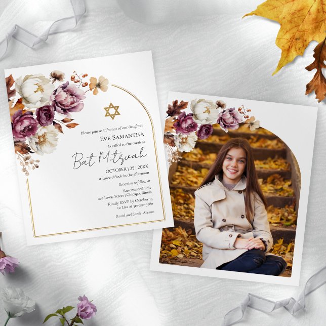 Budgetera burgundy-Bat mitzvah fotoinbjudningar (Skapare uppladdad)