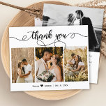 Budgetera fotokollage Skript Bröllop tackkort<br><div class="desc">Budget, Elegant, Handskrift Bröllop (3) Tre Photo Collage Tack-personliger har ett prisvärt THIN-kort med låg budget. Snyggt bröllop tackar dig för att du har en kortmall med tre foto på framsidan och ett foto på baksidan. ***VÄNLIGEN NOTERA! *** BUDGETEN PAPPER/FLYER ÄR TUNG. *** UPPGRADERA PAPPRA FÖR EN TEKNIKKER-PAPPER. *** THICKER...</div>