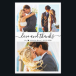 Budgetera fotokollage Skript Bröllop tackkort<br><div class="desc">Budget, Modern, Elegant, skript "Kärlek och tack" Tre Photo Collage Bröllop Tack-personlig till ett överkomligt pris med ett tunt kort med låg budget. Minimalistiskt tack för bröllop, du har en kortmall med tre foto på framsidan och ett foto på baksidan. Med texten "Kärlek och tack" i ett snabbt och välskrivet...</div>