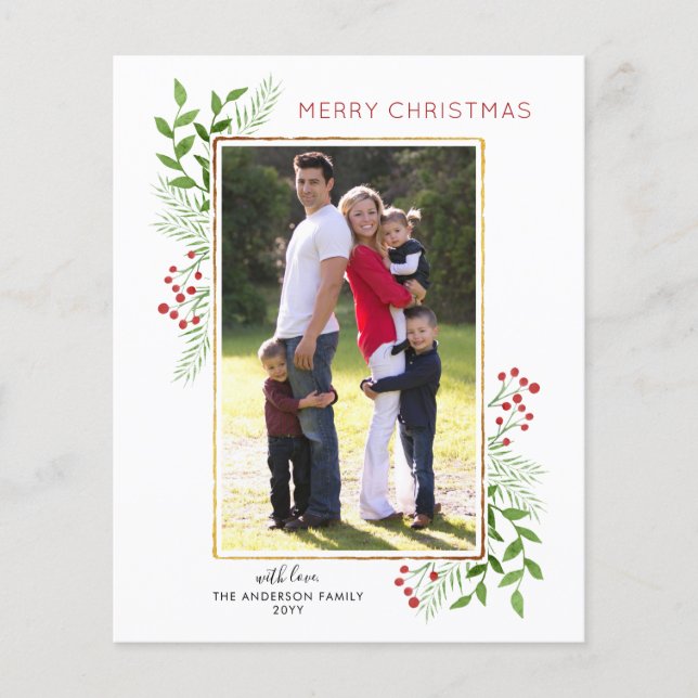 Budgetera God jul Löv-fotokort för Helgdag (Framsida)