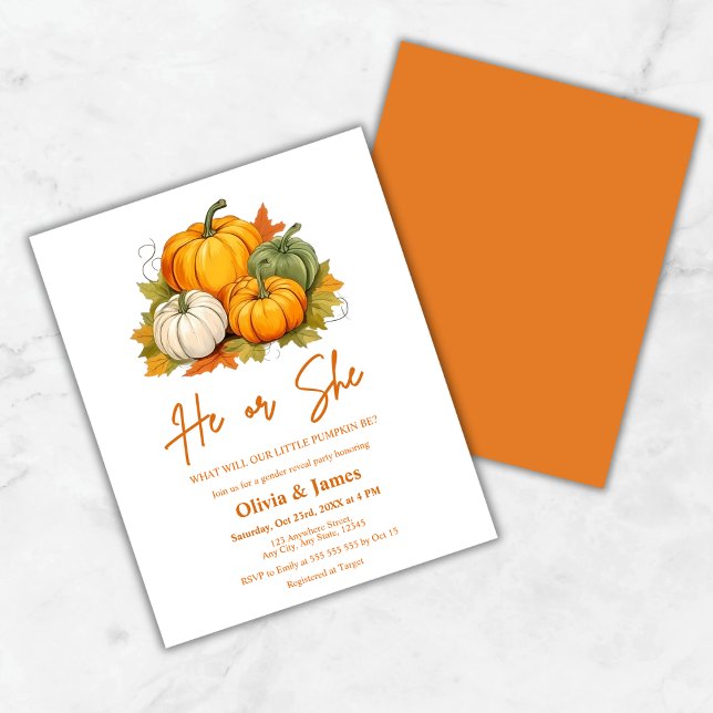 Budgetera honom eller henne för att stoppa Pumpkin (Budget He or She Fall Pumpkin Gender Reveal Party Invitation )