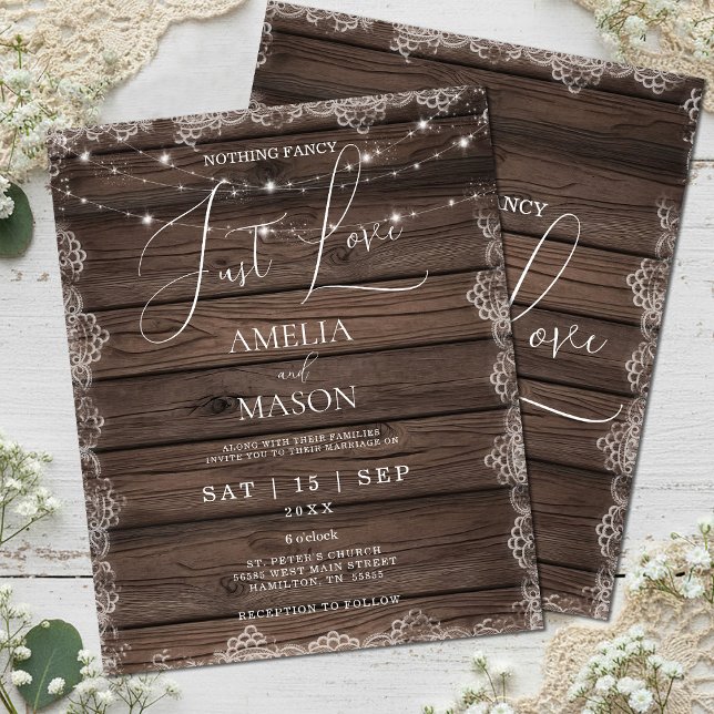 Budgetera ingenting Finare just Kärlek Rustic Bröl (Budget Nothing Fancy Just Love Rustic Wood and Lace with String Lights Wedding Invitation)